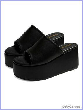 Platform Sandals Slides Women Chunky Wedge Open Toe Faux Leather PU Slip On